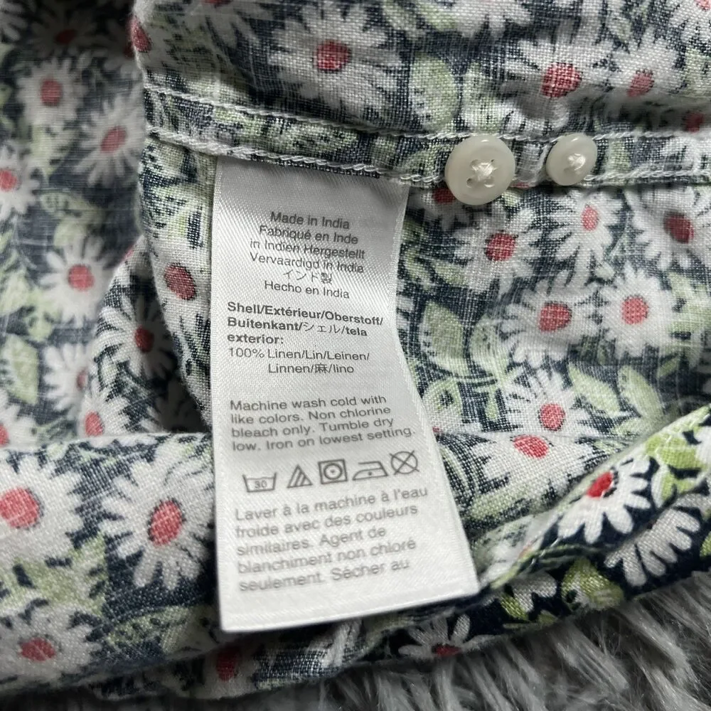J Crew Adult Shirt Medium Green White Button Down Linen Floral All Over Mens